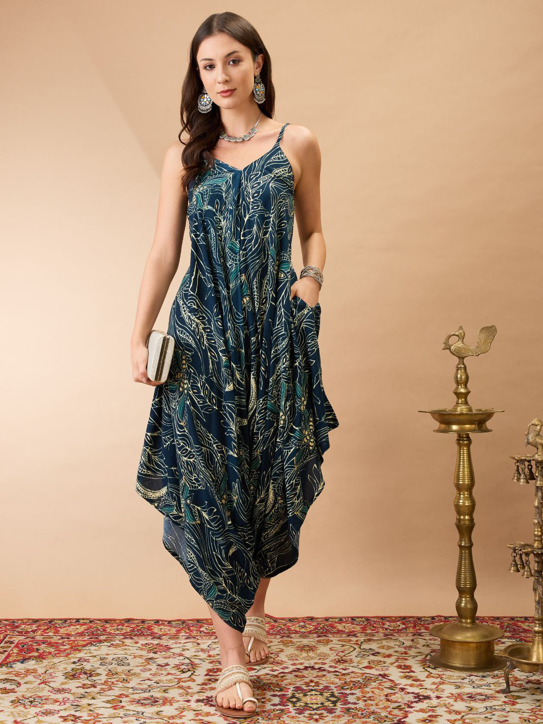 Globus Floral Print V-Neck Shoulder Strap Dhoti Style Fusion Jumpsuit