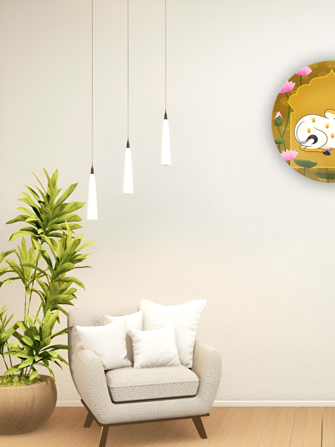 THE QUIRKY HOME Resting Pichwai Cow Ceramic Floral Glossy Hanging Hall Wall Plates-9.8In