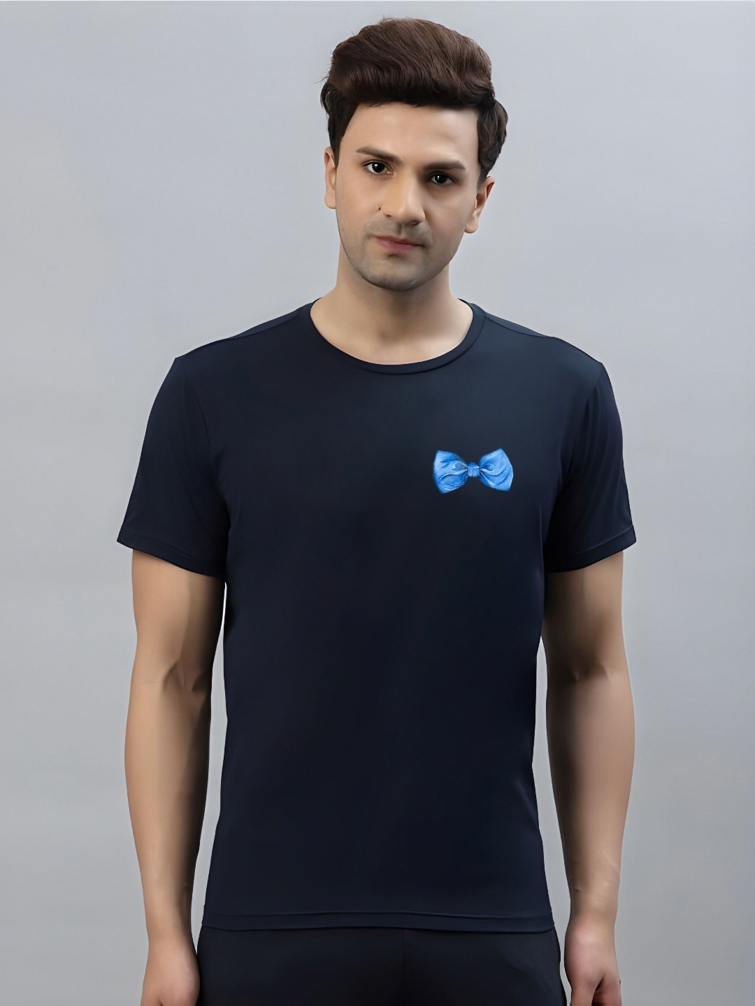 Black Bow Print Regular Fit Round Neck T-shirt