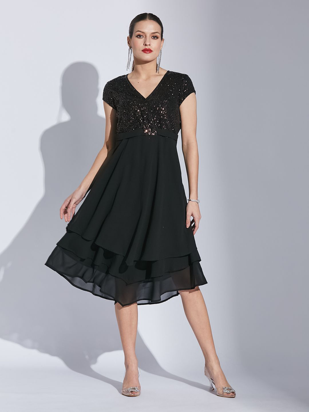 Latin Quarters Women Embellished Cap Sleeves V-Neck Party Fit & Flare Dress