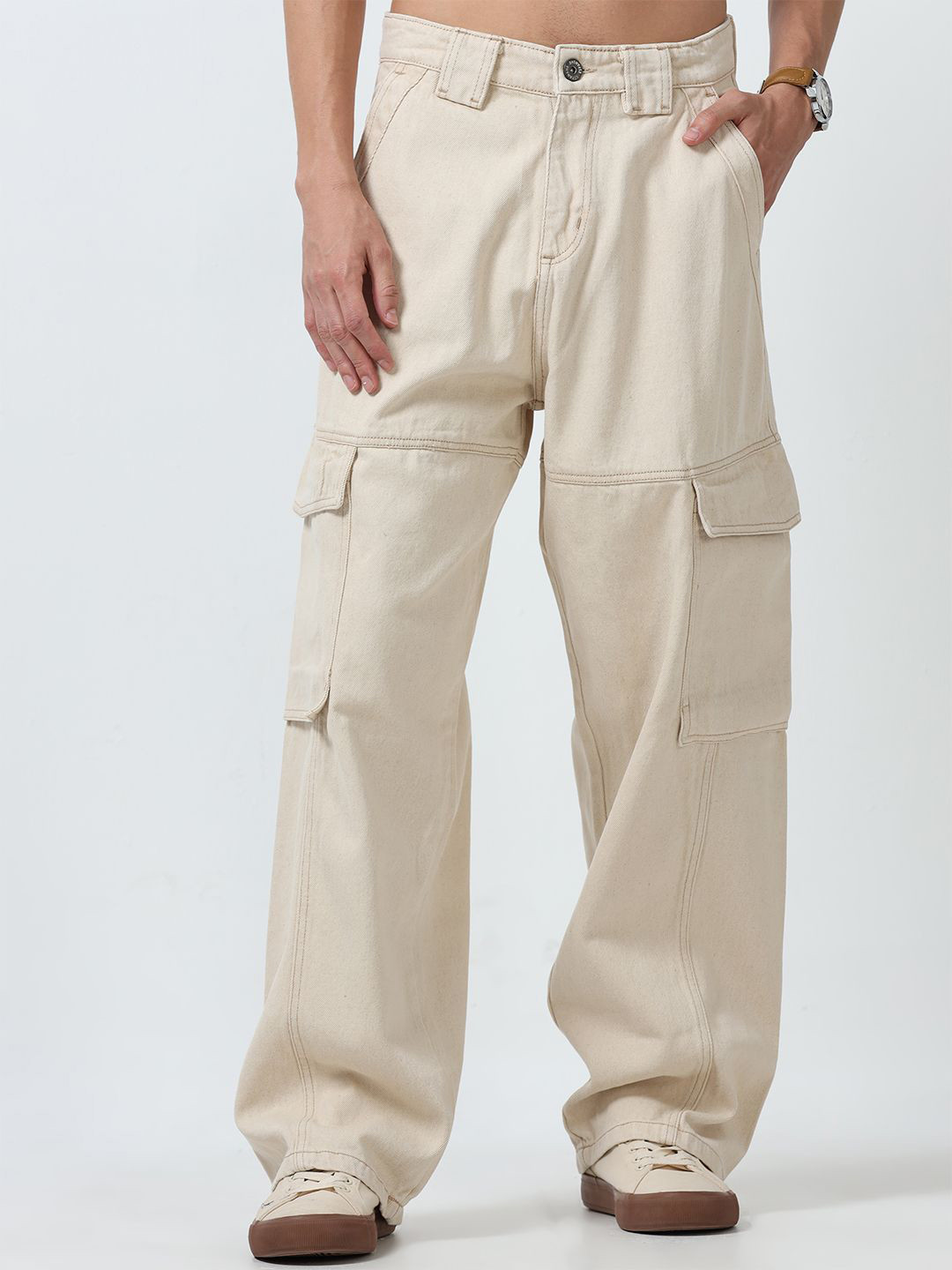 Espanshe Men Mid-Rise Cotton Baggy Cargo Jeans