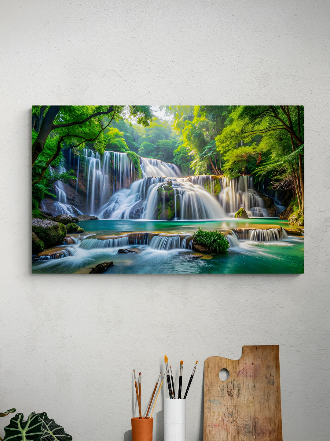 Tushaco Handicrafts Blue & Green 1 Piece Waterfall Canvas Wall Art