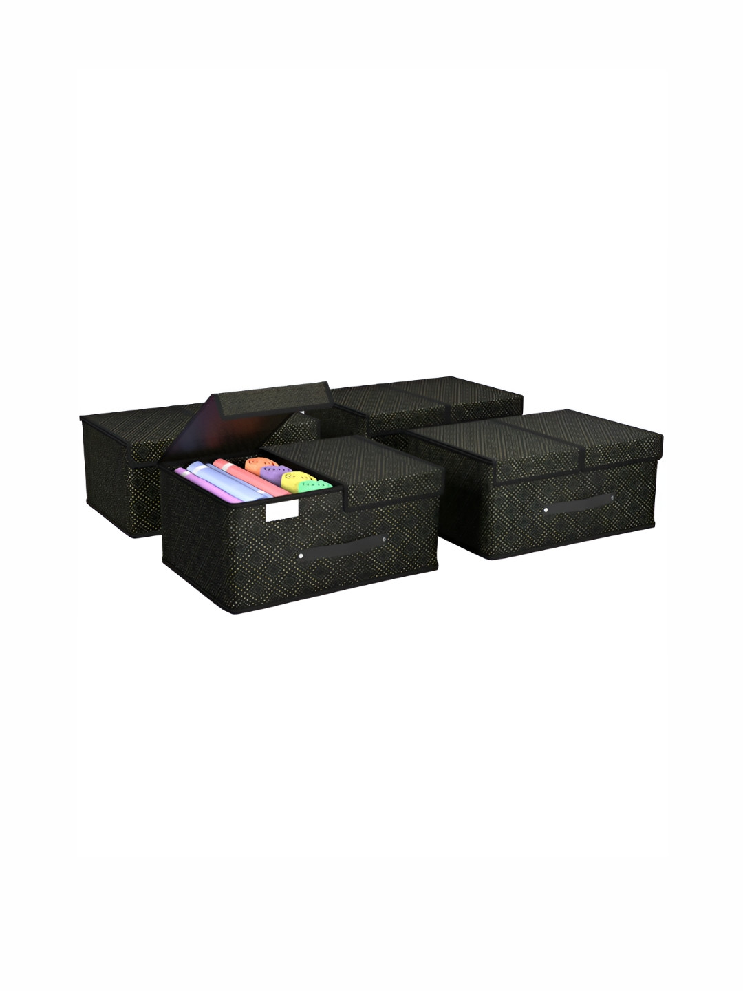 Aura Black 4 Pieces Printed Foldable Double Lid & 2 Compartments Drawer Organisers
