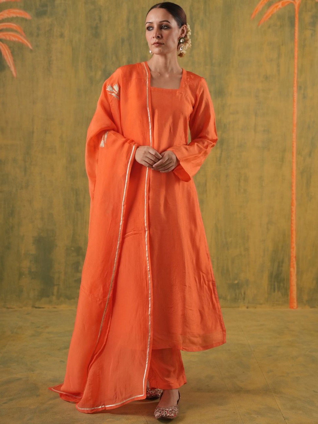 OneWe Women Rani Amara Orange Embroidered Silk Straight Set
