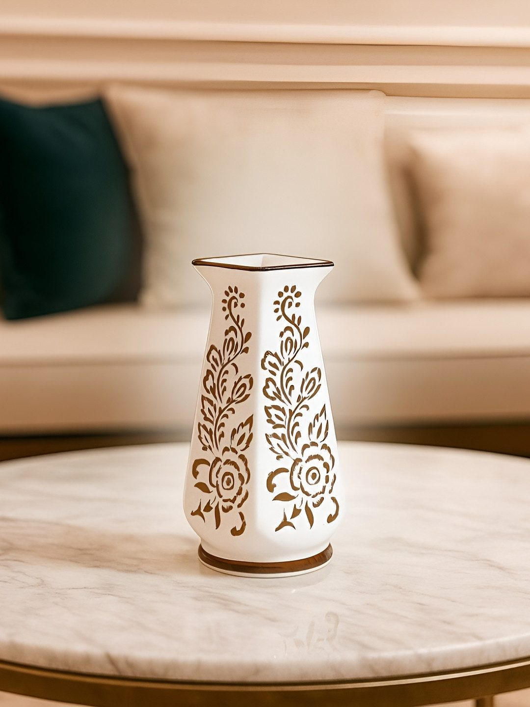 GLOBALLY INDIAN White & Brown Floral Printed Ceramic Flower Vase