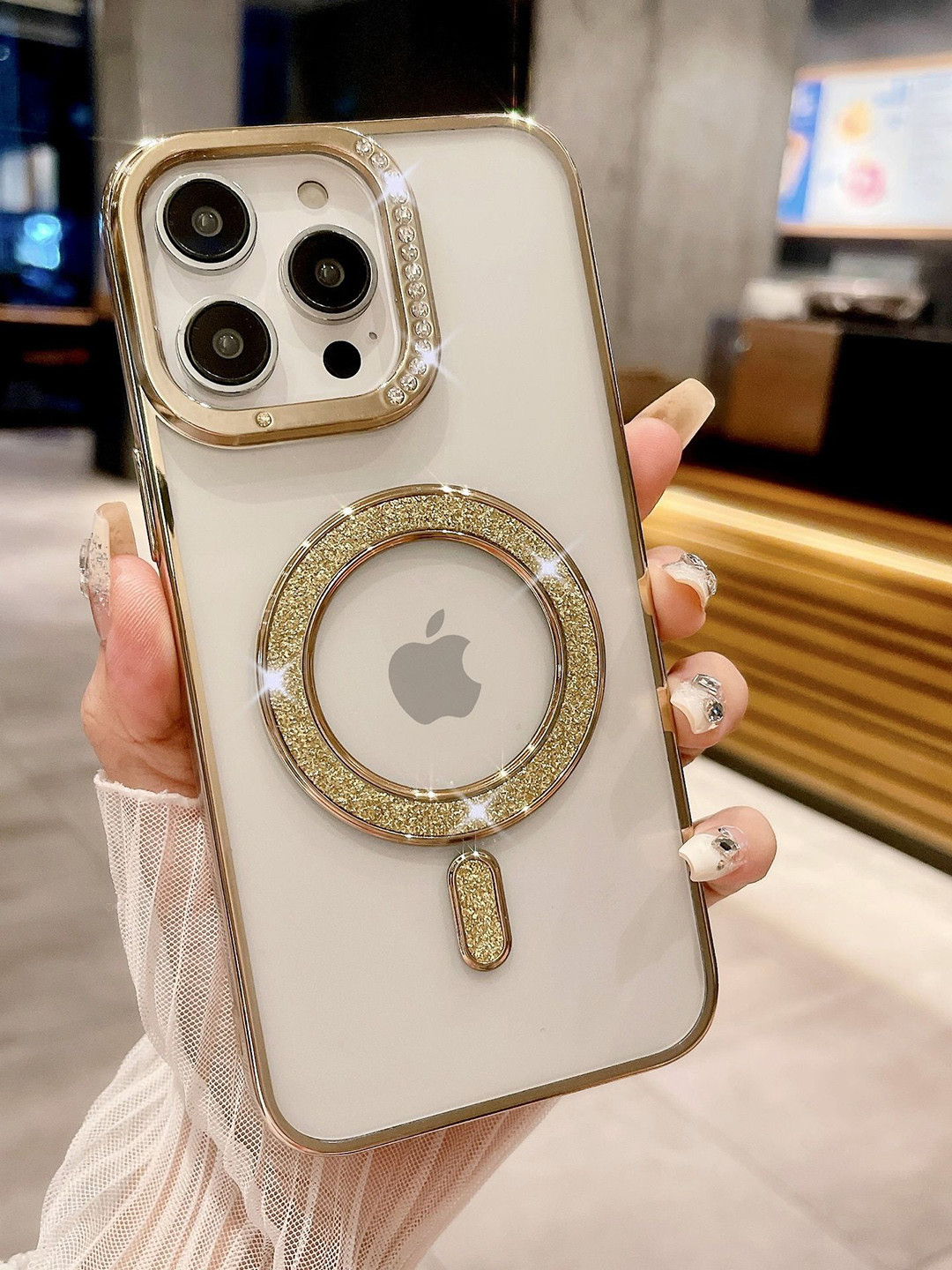 Luxury Kase Transparent Back Cover for iPhone 15 Pro Max with Shimmer MagSafe Ring