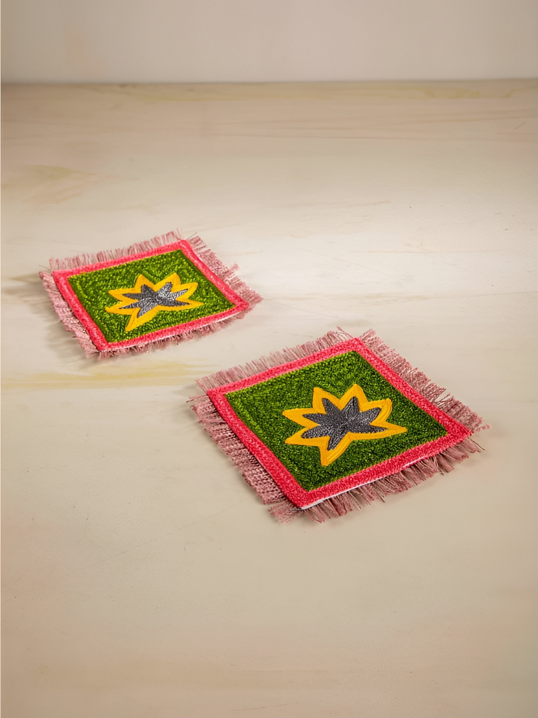 FREEDOM TREE Set Of 2 Green & Red Embroidered Square Coasters