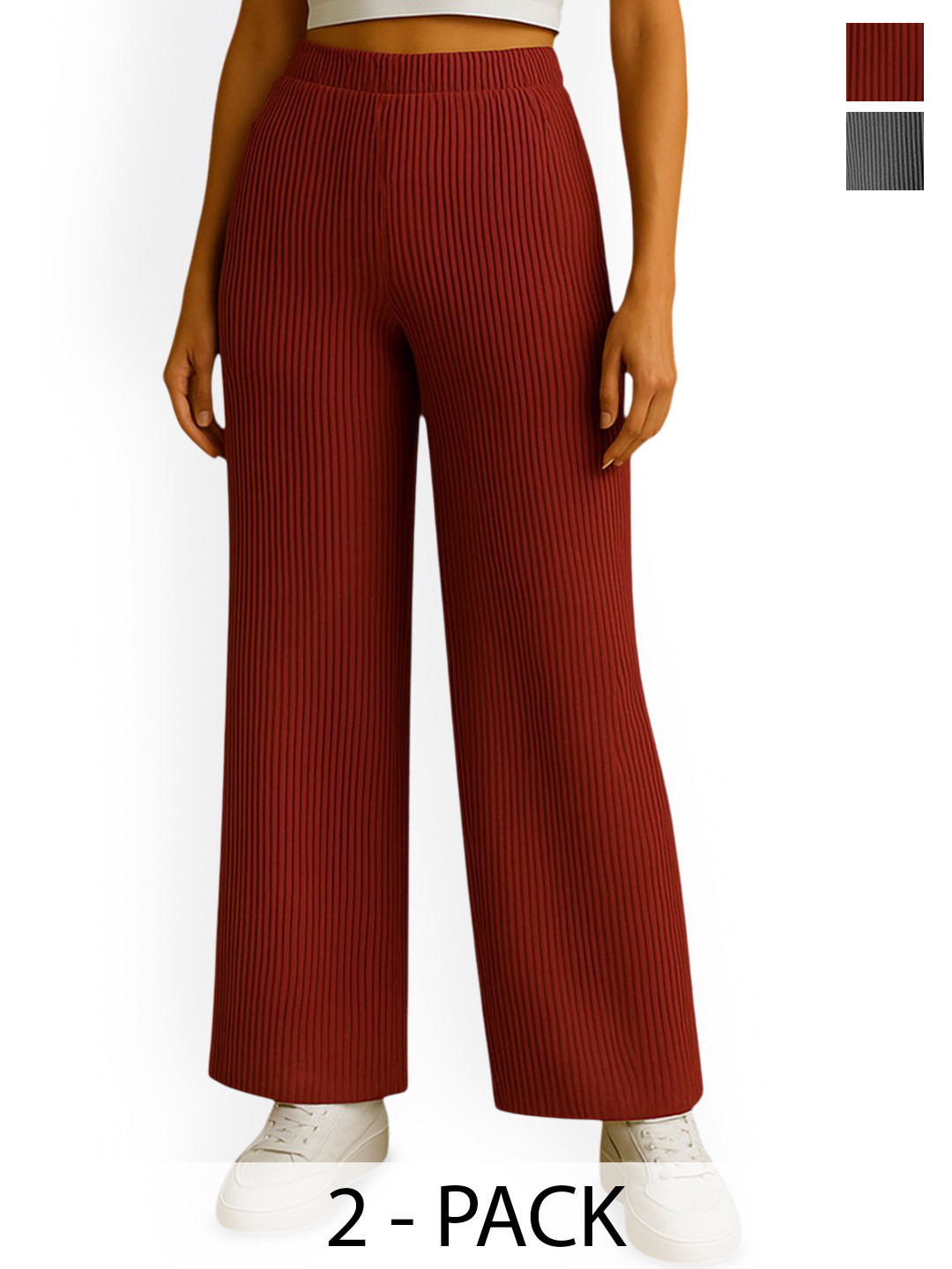 Fabflee Women Pack Of 2 Striped Comfort Straight Fit Trousers