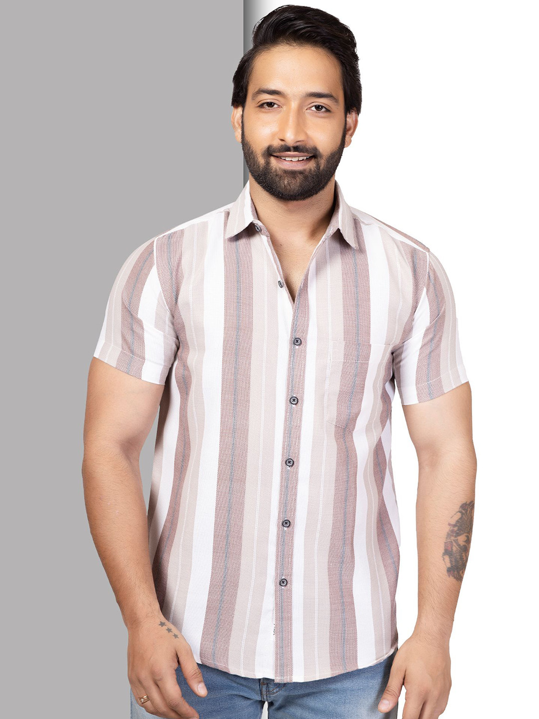 D Finish Smart Vertical Striped Spread Collar Cotton Casual Shirt