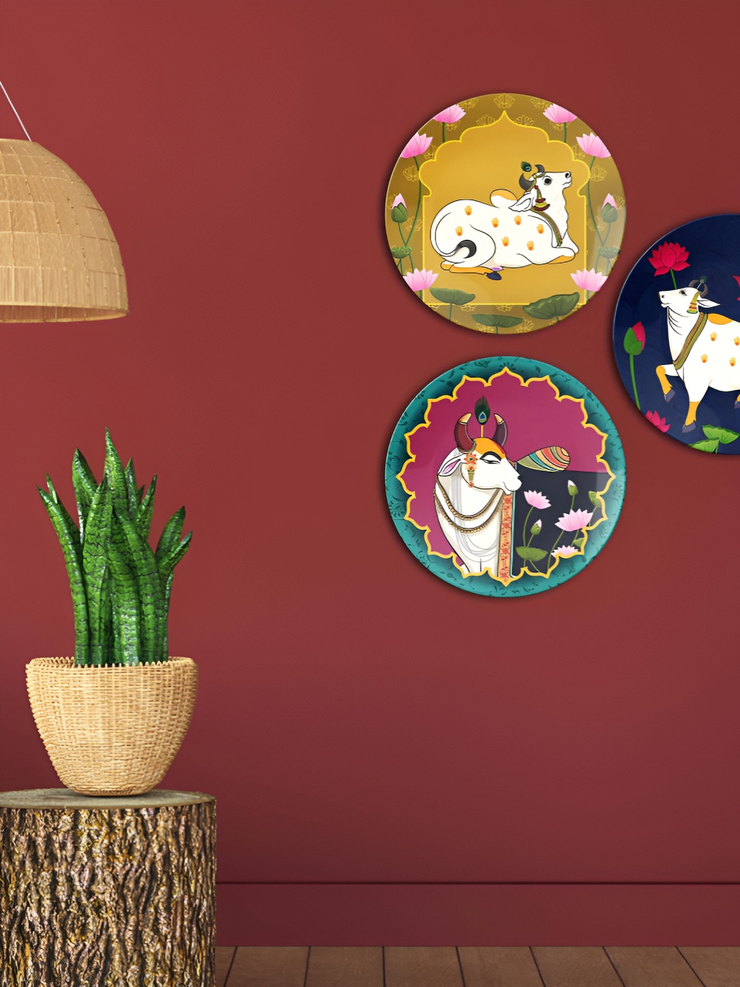 THE QUIRKY HOME Gond Art Plates Crafted Ceramics Glossy Hanging Hall 3Pcs Wall Plates-10In