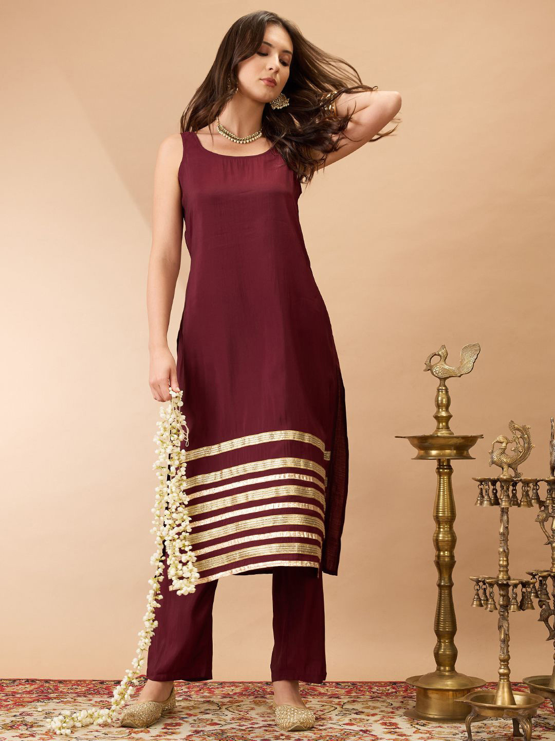 Globus Round Neck Gotta Lace hem Straight Kurta With Pant Festive Set