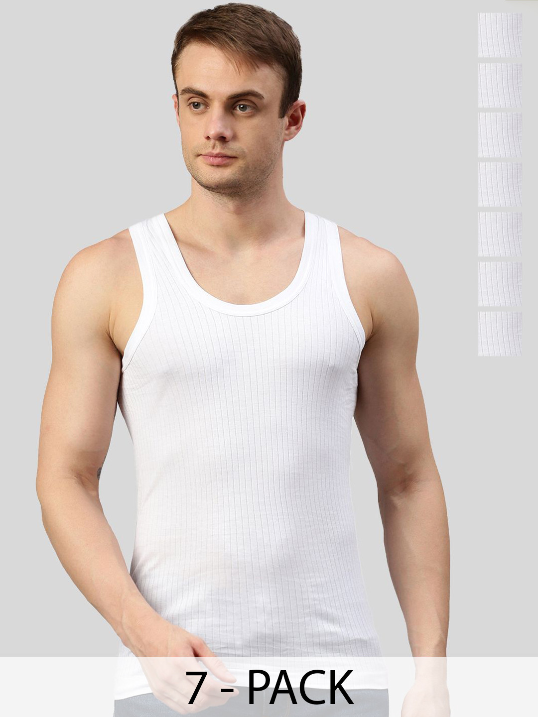 MACHO Sporto Pack Of 7 Ribbed Pure Cotton Vests ASI021BRN-WHT-7PC