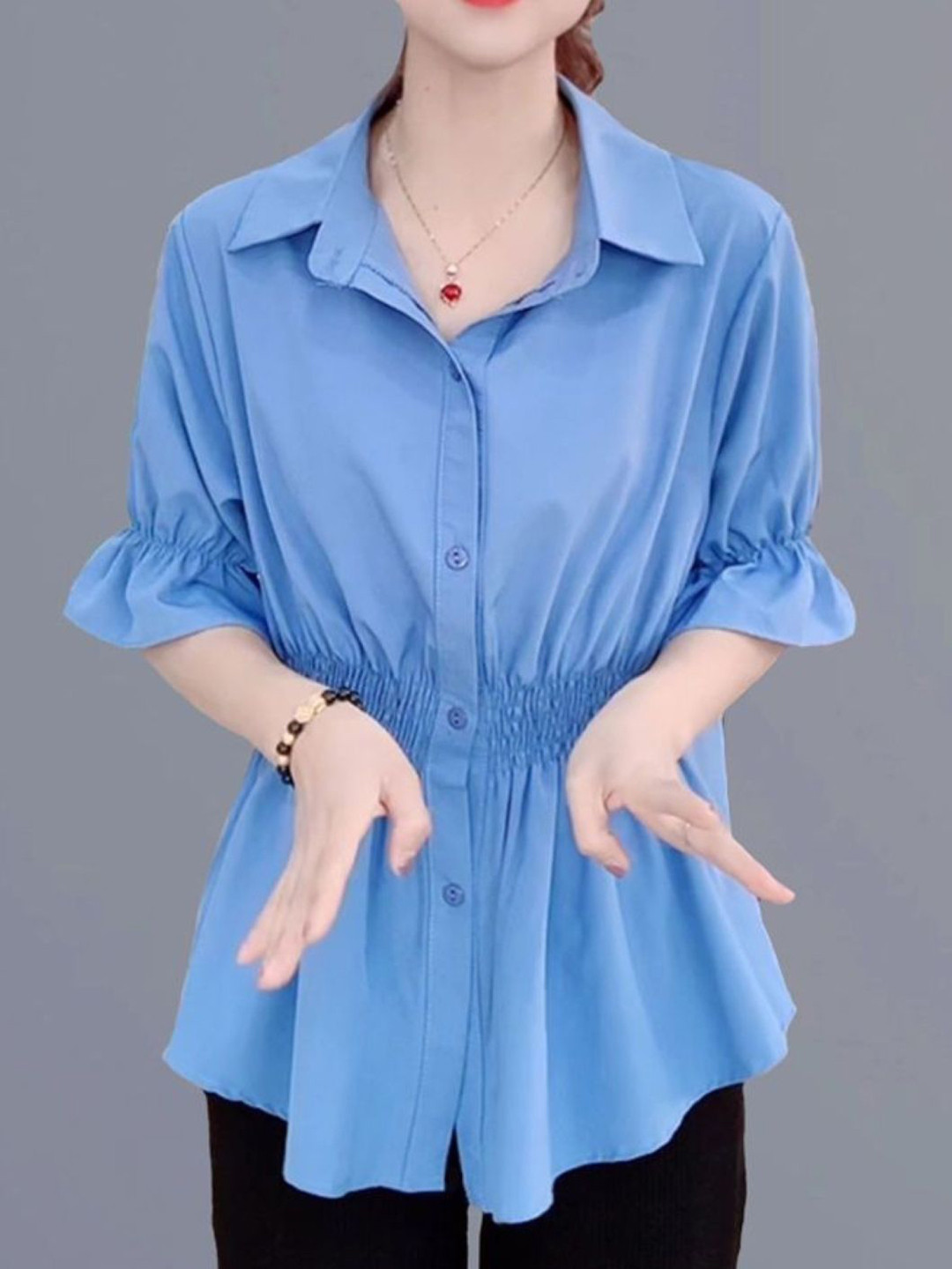 Blue Shirt Collar Regular Top with Three-Quarter Sleeves