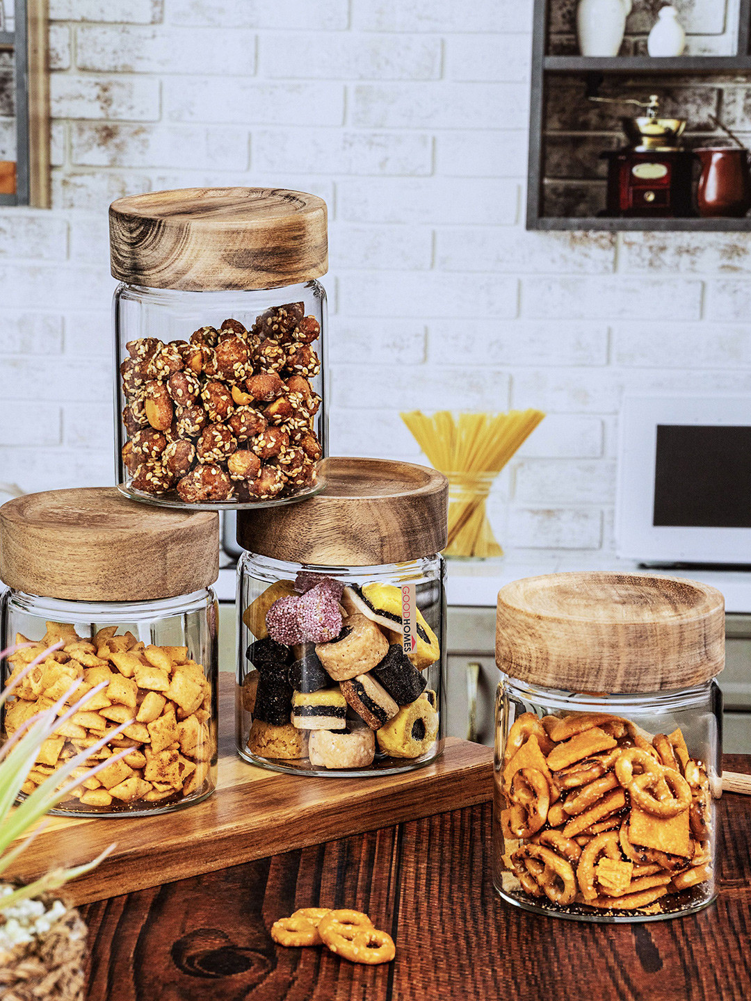 GOODHOMES Transparent & Beige 4 Pieces Glass Storage Jar Set With Wooden Lid