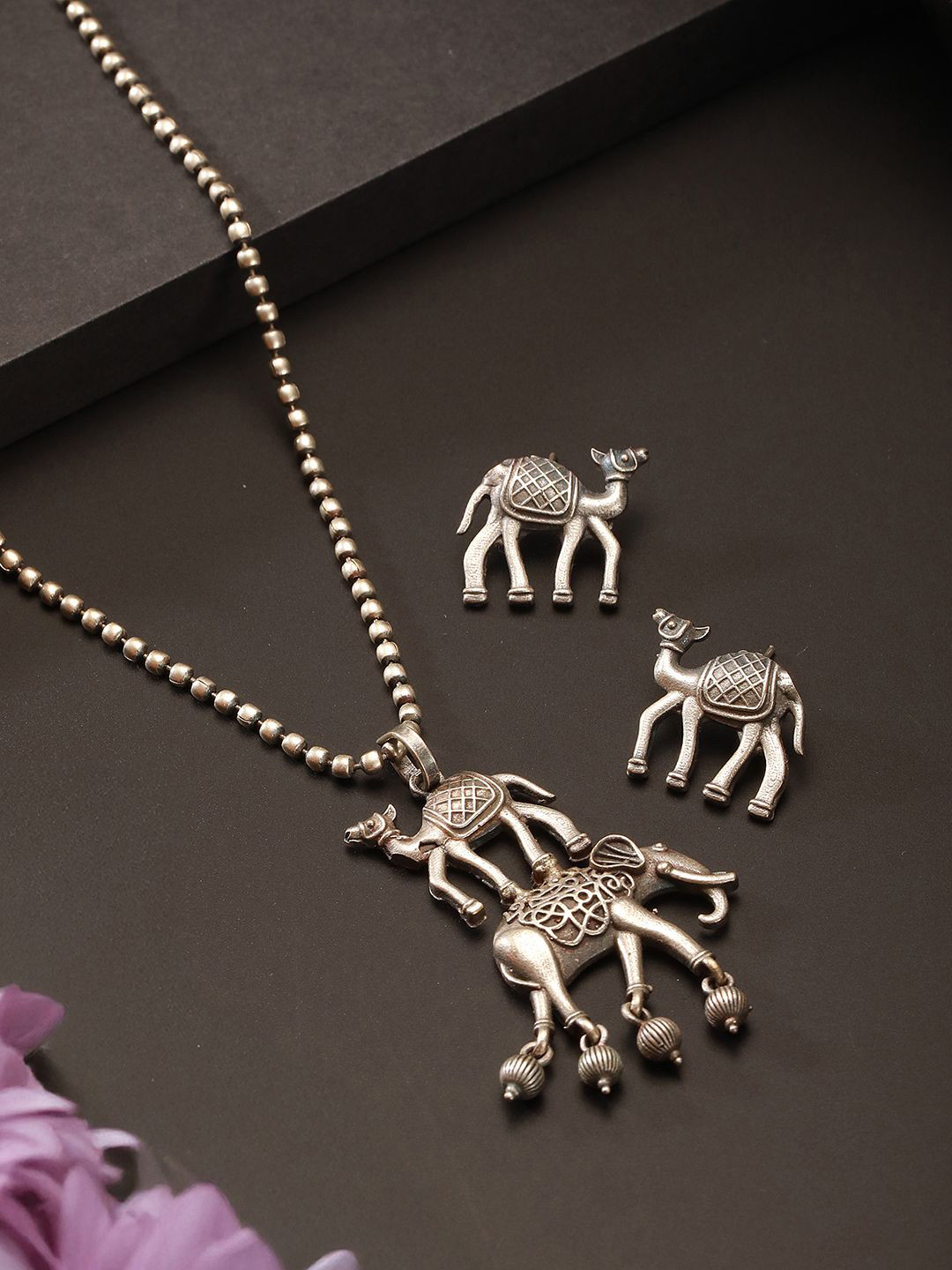 Saraf RS Jewellery Oxidised Camel & Elephant Motif Funky Pendant Jewellery Set