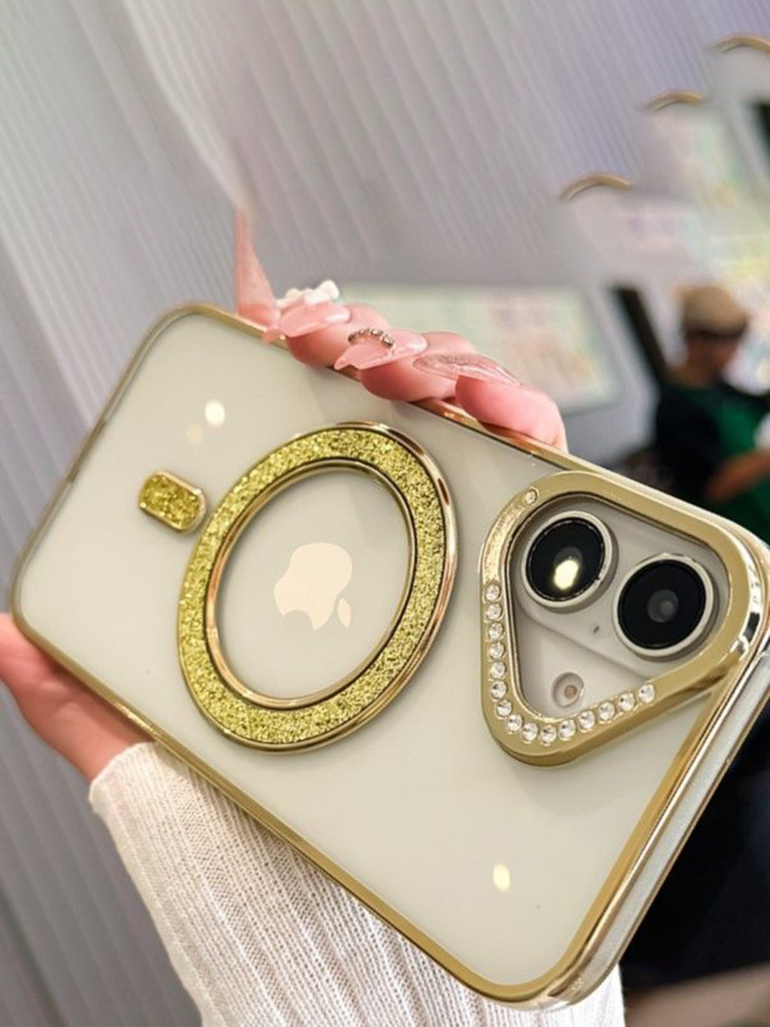 Luxury Kase Silicone Transparent Back Case for iPhone 16 with Shimmer MagSafe Ring