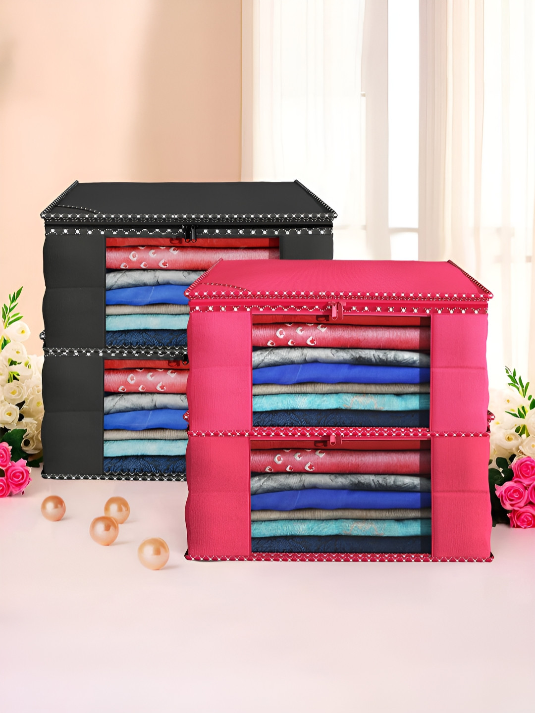 Aura Black & Pink 4 Pieces Hathkadi Piping Non-Woven Multi-Utility Organisers