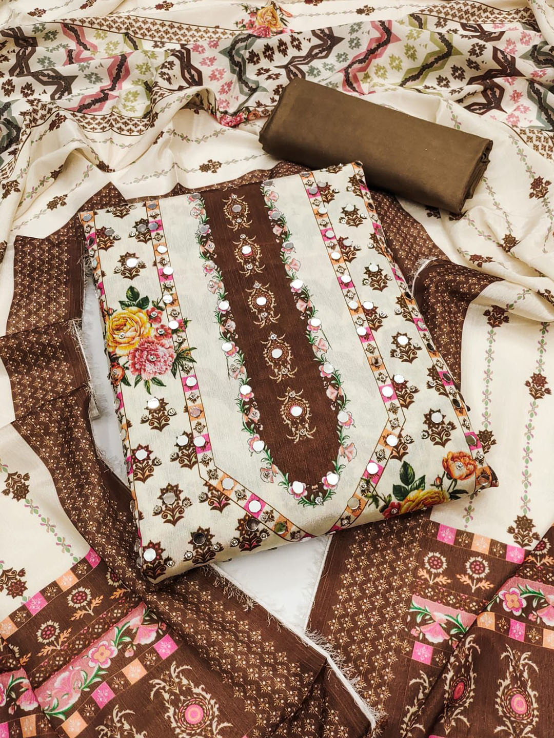 HE VAHLA Ethnic Motifs Printed Mirror & Diamond Work Silk Unstitched Dress Material