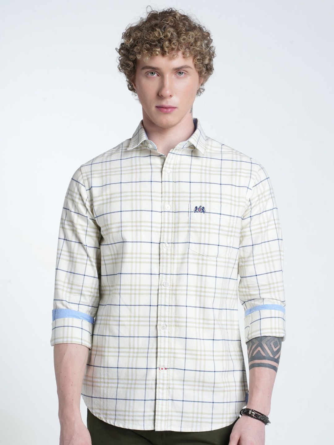 Double Two Checked Spread Collar Cotton Casual Shirt