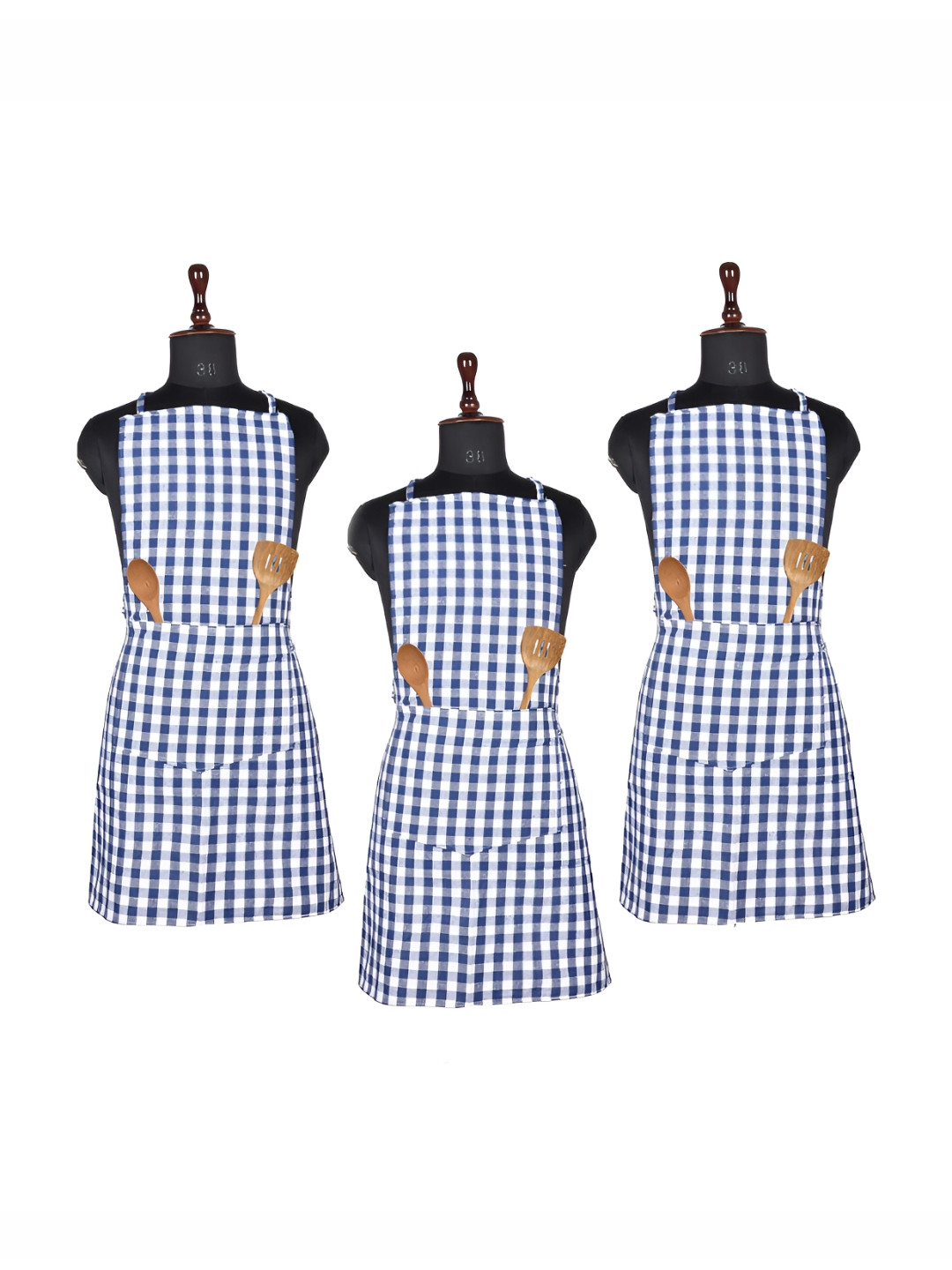 Aura Pack Of 3 Checked Cotton Aprons With Front Pocket