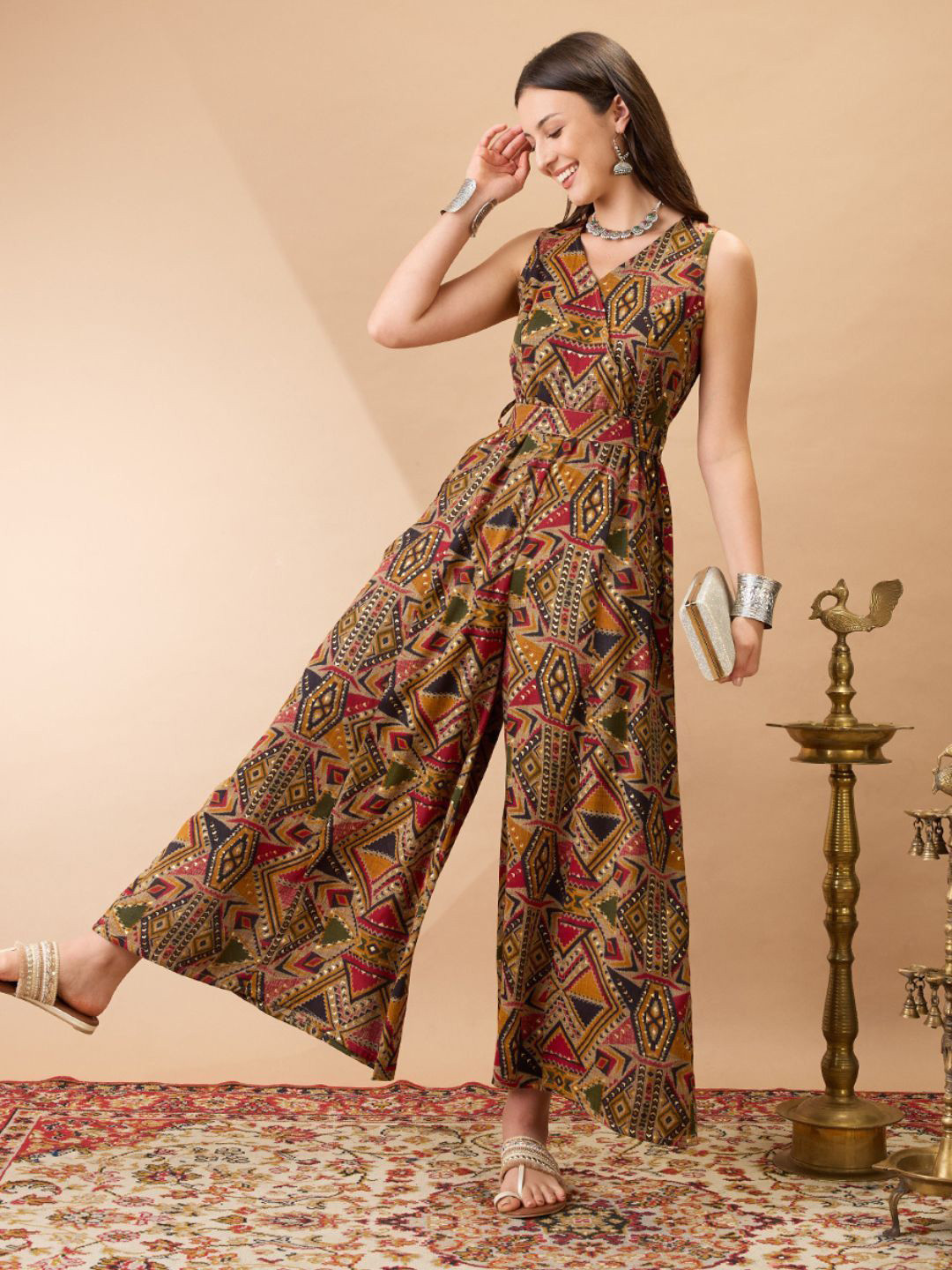 Globus Tribal Print Wrap V-Neck Flared Wide Leg Fusion Jumpsuit with Belt