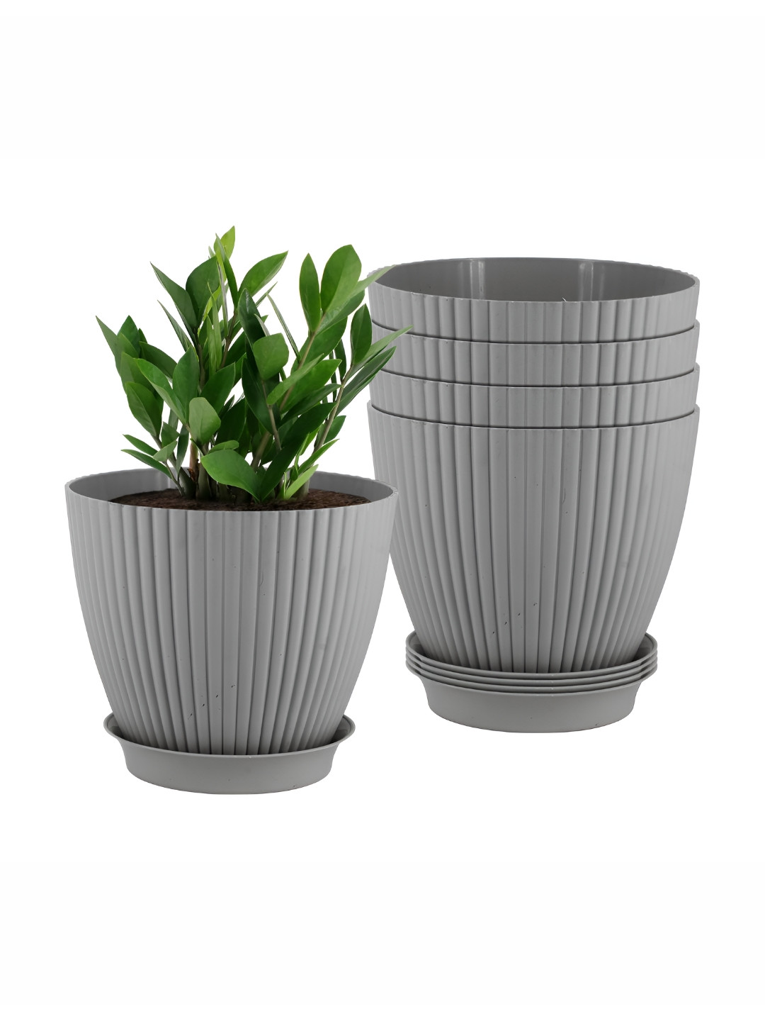 GARDEN'S NEED Grand 5Pcs Grey Textured Planters With Tray