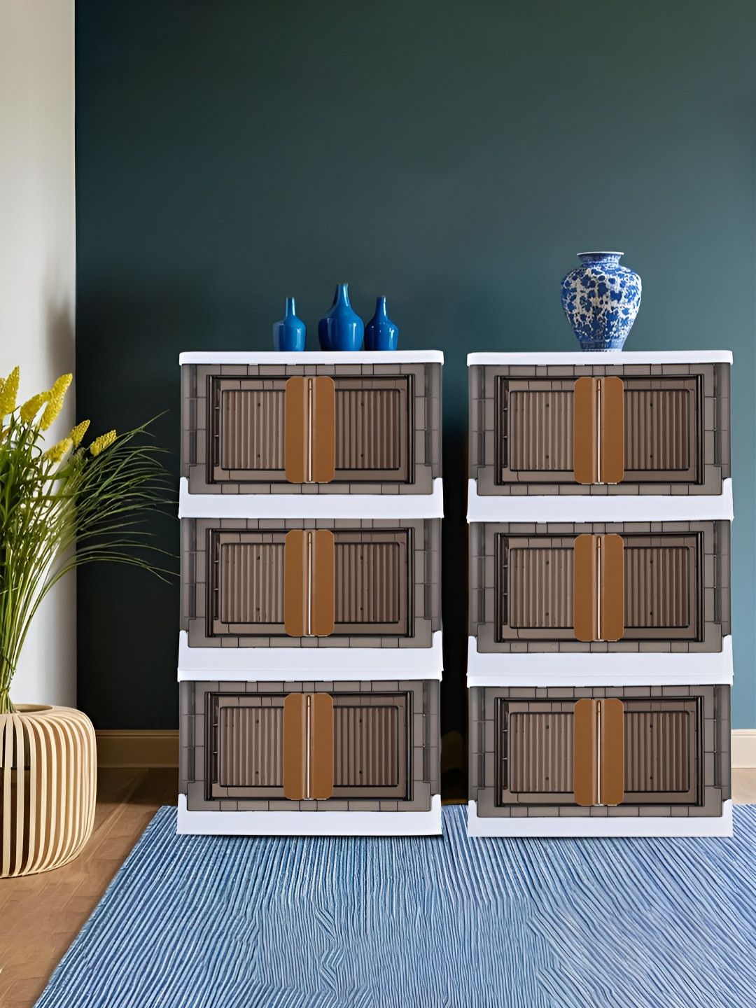 Aura Black & White 6 Pieces Striped Double Door Storage Box with Wheels & Lid Organisers