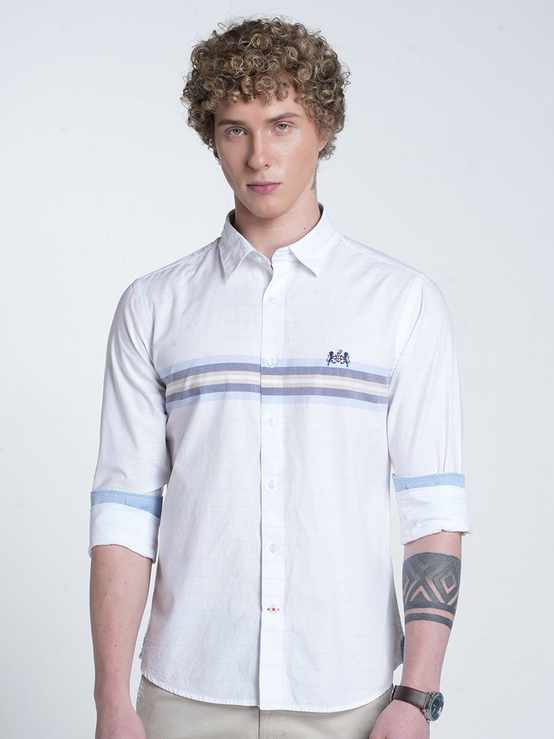 Double Two Classic Spread Collar Horizontal Striped Casual Shirt