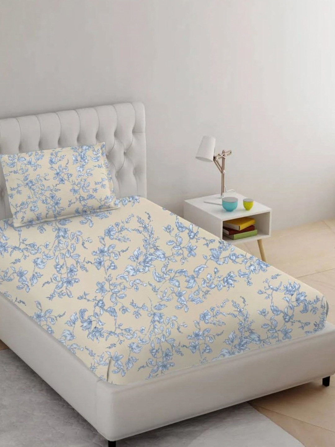 Trance Home Linen Blue Floral 210 TC Cotton Fitted Single Bedsheet Set 1.83 m x 96cm