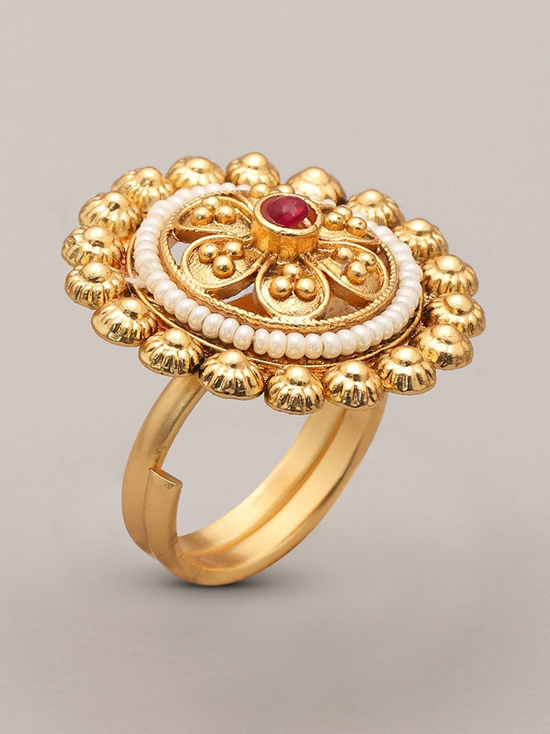 Exotic India Floral Adjustable Ring With Beads & Stone