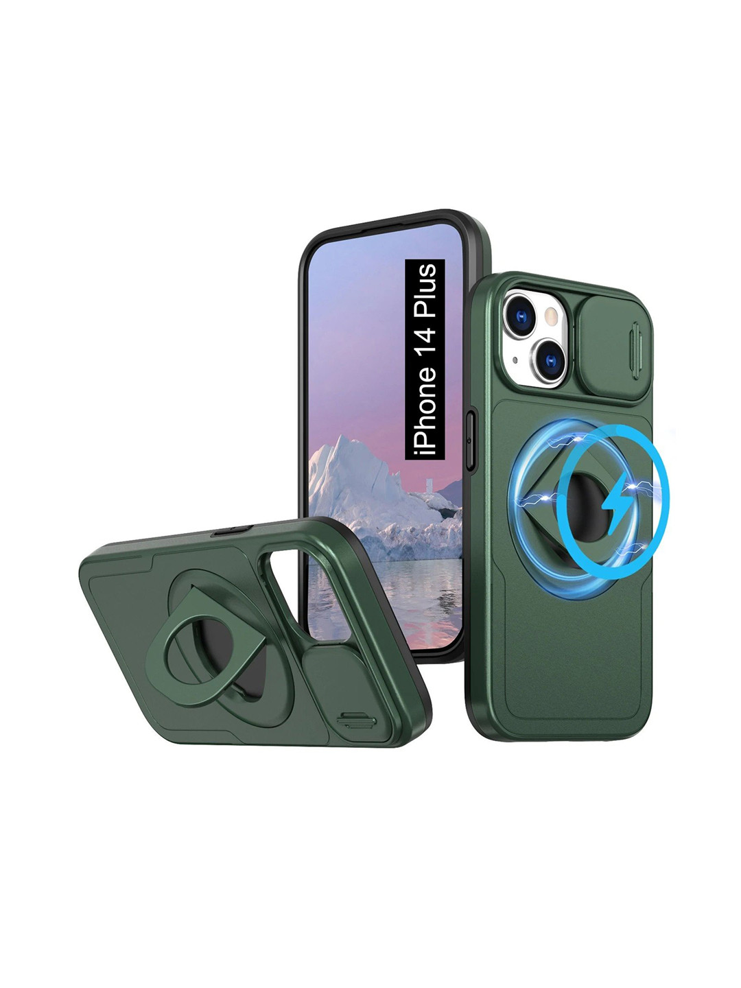 Luxury Kase iPhone 14 Plus Mag-Safe Shockproof Rugged Back Case with Ring Kickstand