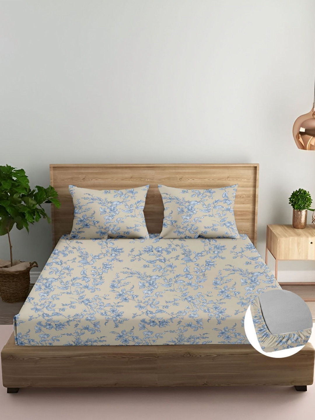 Trance Home Linen Blue Floral Printed 210 TC Cotton Fitted King Bedsheet Set 2.13m x 1.98m