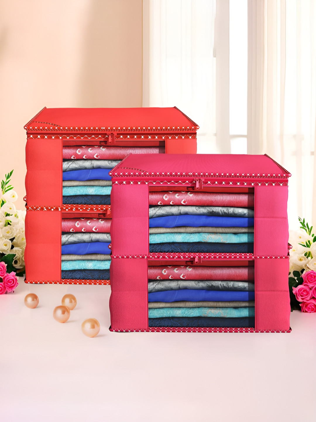 Aura Red & Pink 4 Pieces Hathkadi Piping Foldable Non-Woven Multi-Utility Organisers