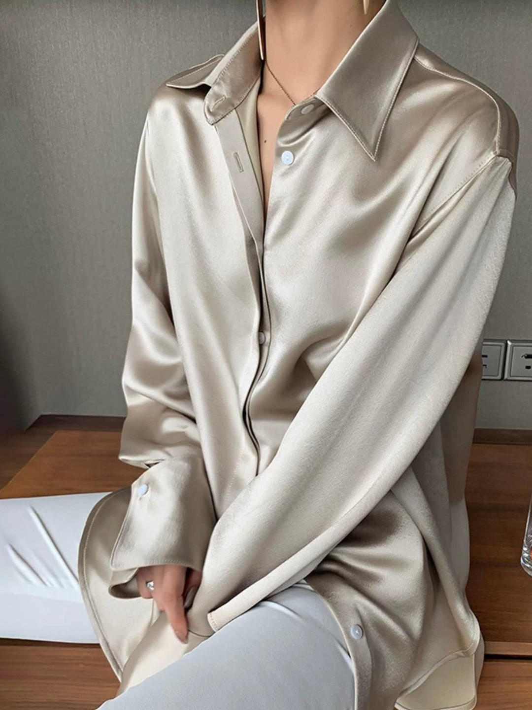 Miss Mosa By Akanksha  Beige Delilah Luxe Satin Shirt