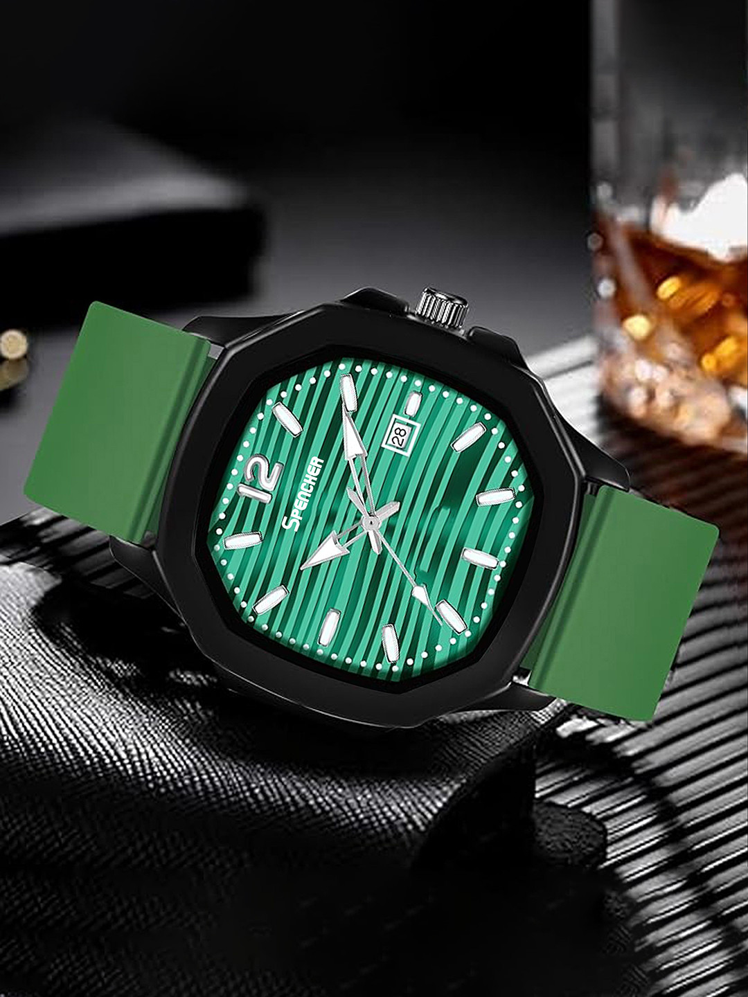 SPENCHER Men Brass Dial & Straps Analogue Multi Function Watch Square Case Date Green Dial