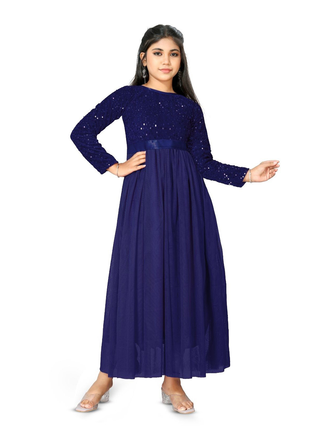 DP FABRICS Girls Embellished Sequined Fit & Flare Maxi Dress