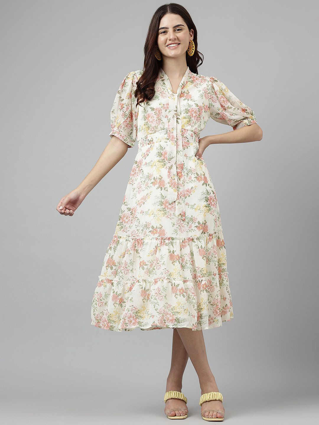 Latin QuartersWomen Floral Printed Tie-Up Neck A-Line Midi Dress