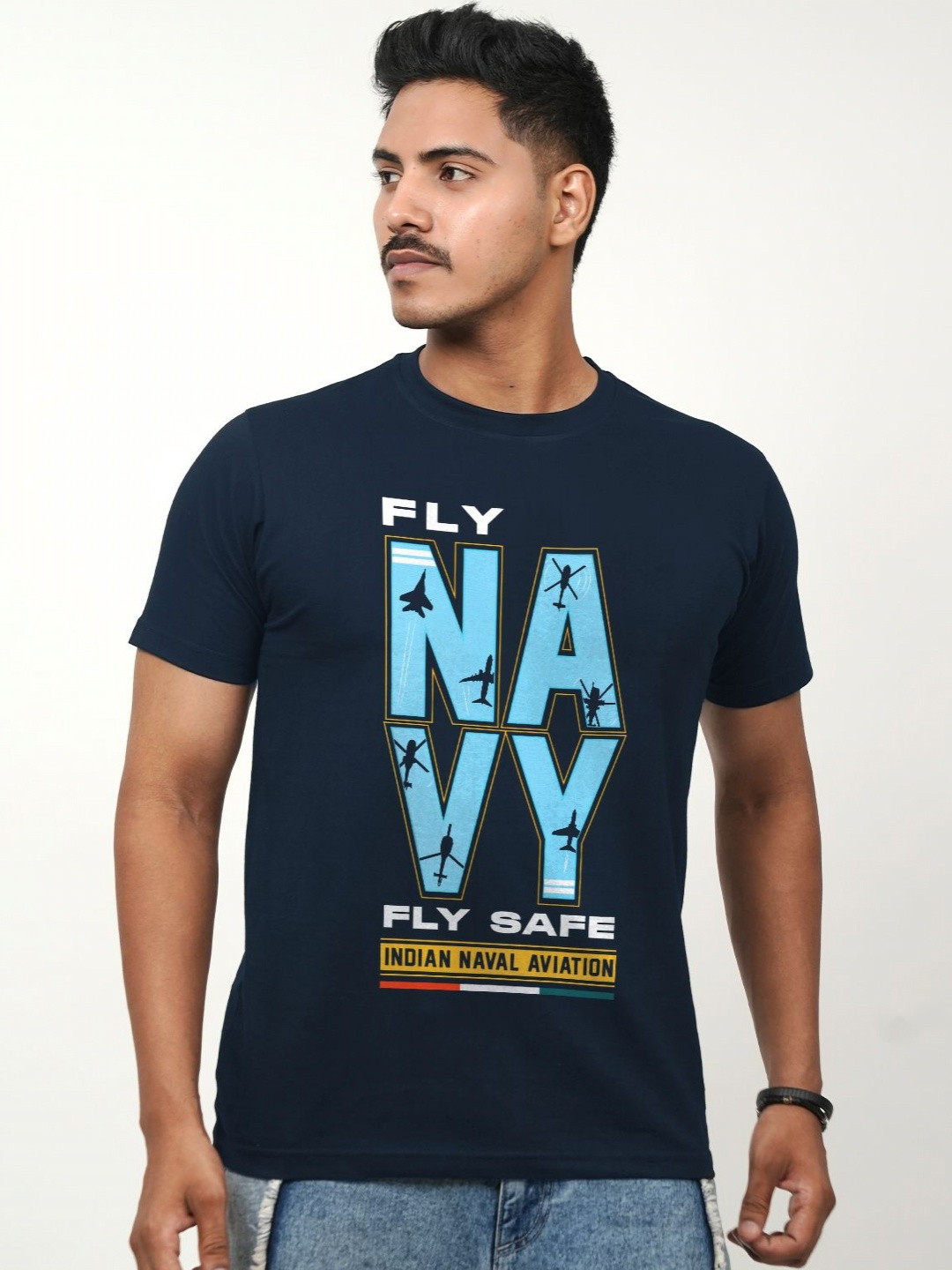 Ascend 47 Indian Naval Aviation: Fly Navy Fly Safe Blue Regular Fit T-Shirt