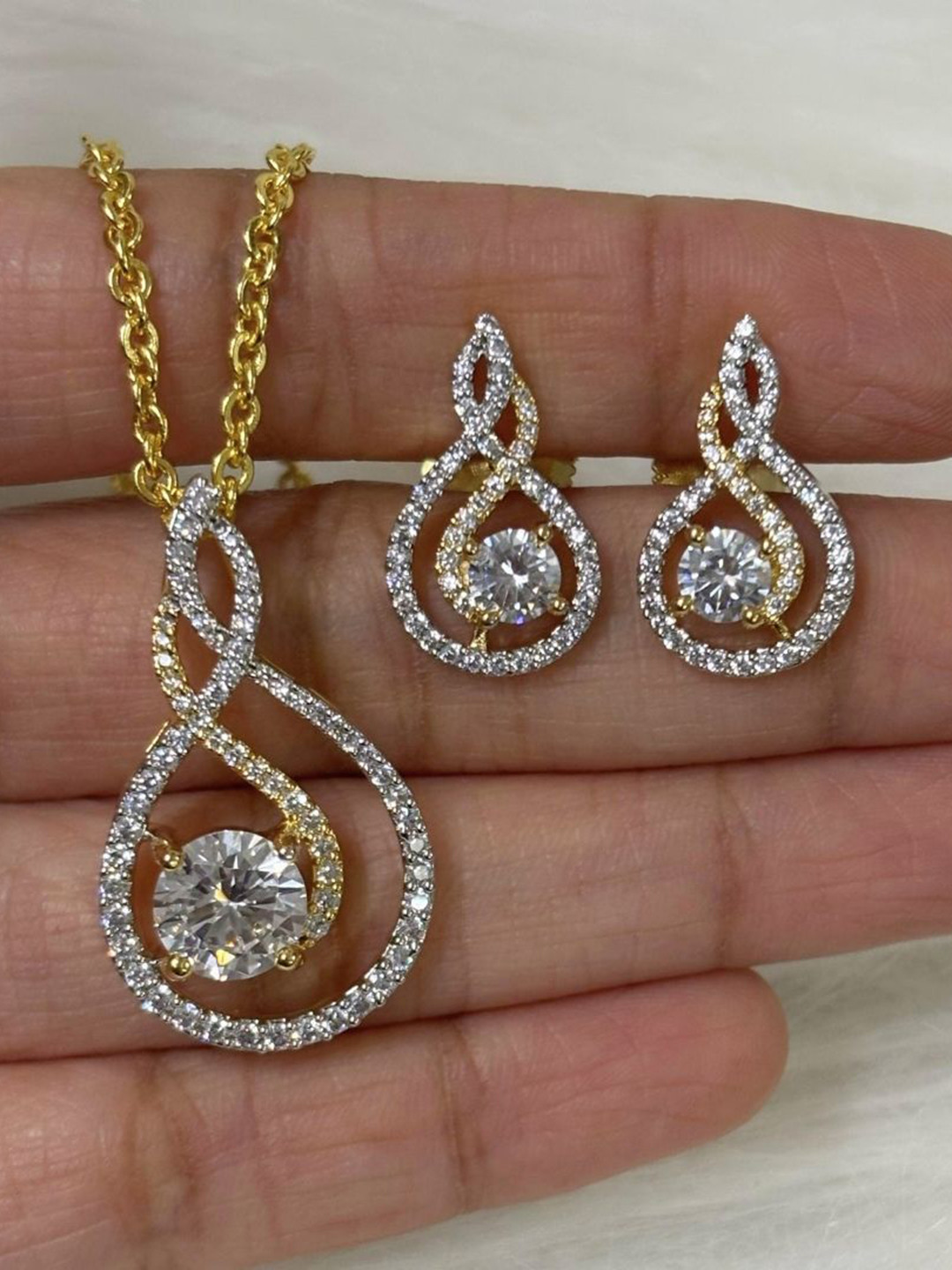 BDIVA Gold-Plated Cubic Zirconia Stones Studded Eternal Grace Necklace & Earrings
