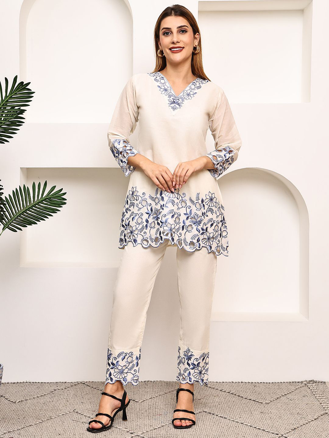 MARC LOUIS Embroidered V-Neck Pure Cotton Tunic With Palazzo