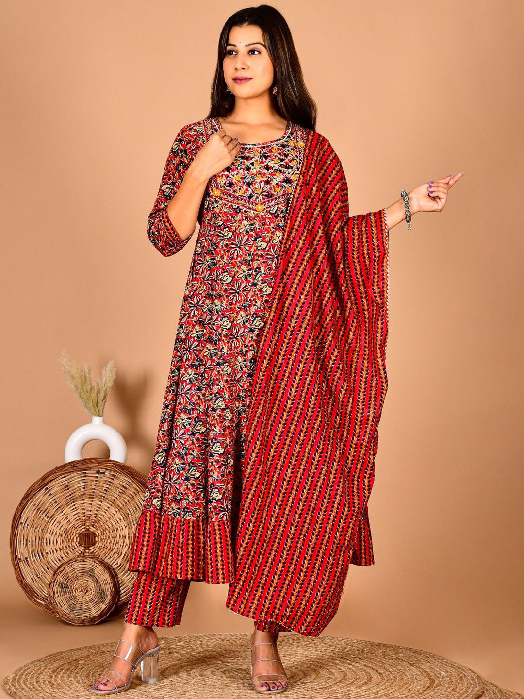 Toflei Floral Printed Pure Cotton Round Neck Anarkali Kurta With Trousers And Dupatta