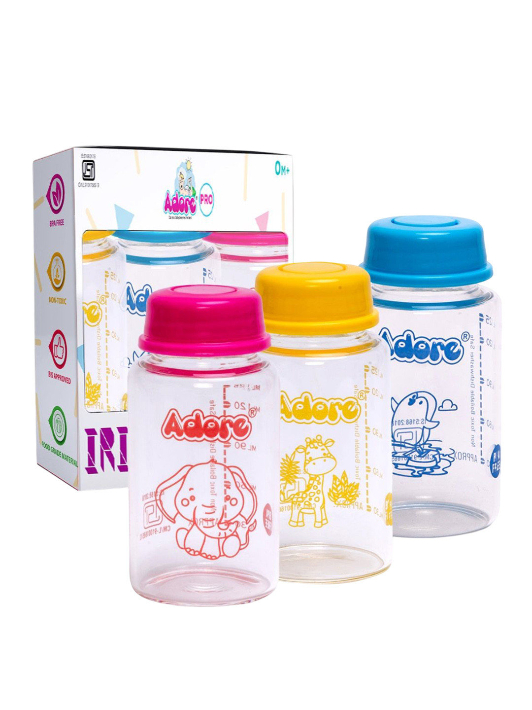 Adore Kids Set Of 3 Iris Borosilicate Glass Milk Storage Bottle - 125 ml Each - Blue