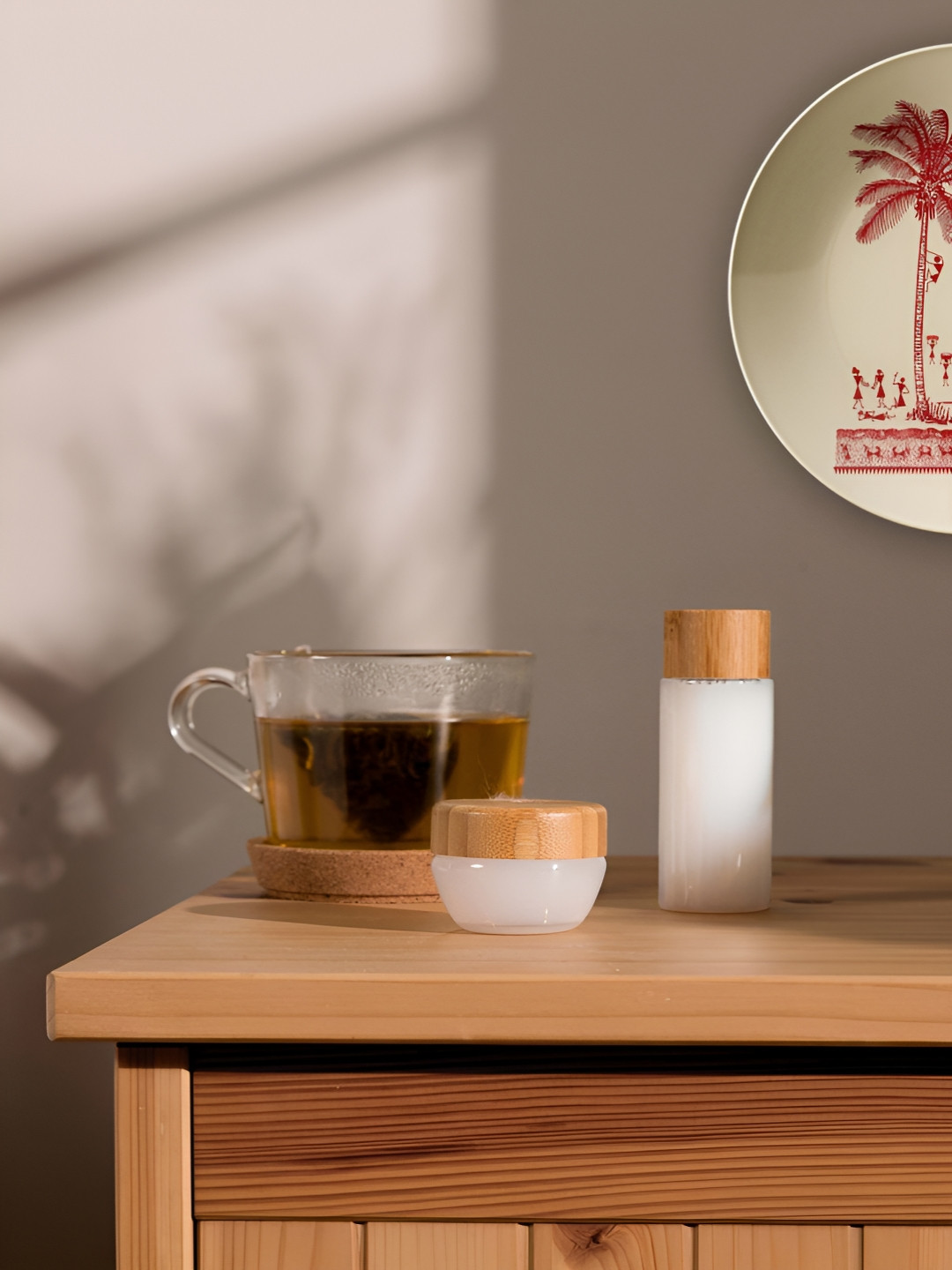 THE QUIRKY HOME Palm Tree Warli Crafted Ceramics Glossy Hanging Hall Wall Plates-9.8In