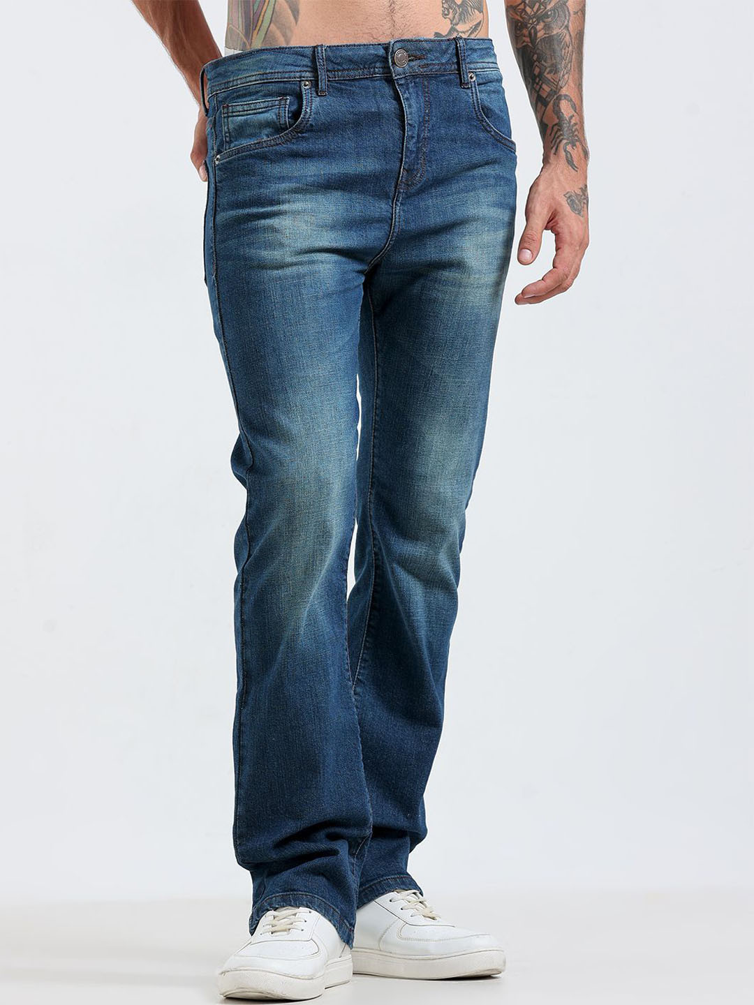 Espanshe Men Bootcut Mid-Rise Low Distress Heavy Fade Jeans