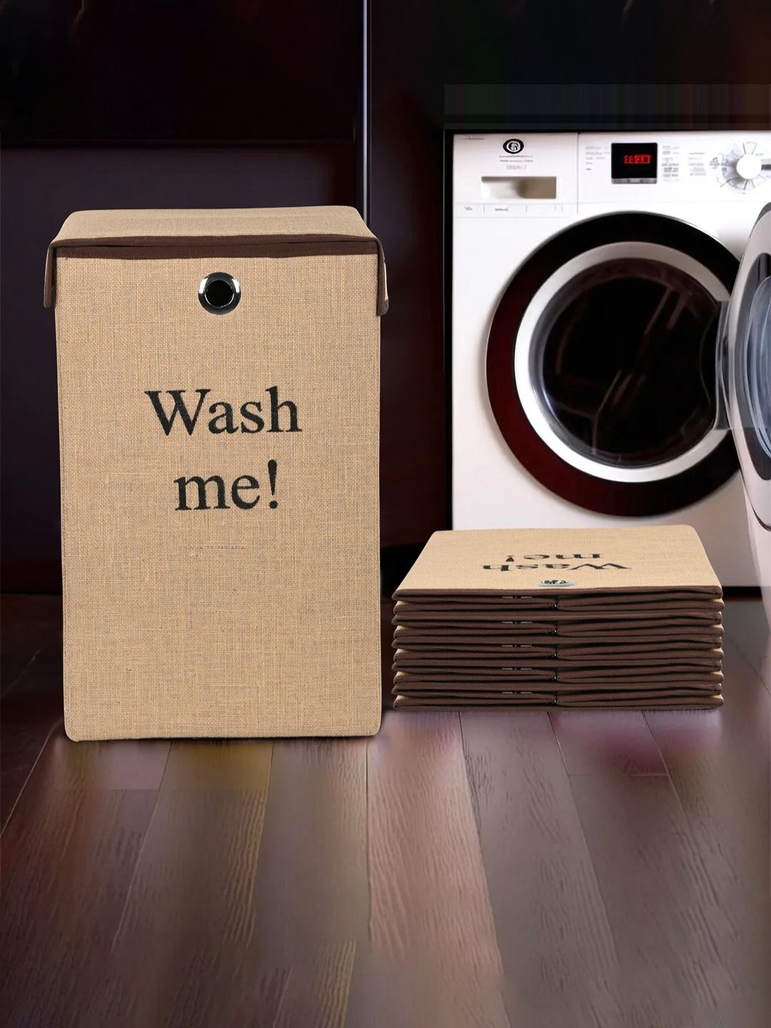 Aura 6Pcs Brown & Black Printed Jute Foldable Laundry Bags With Lid & Ring - 75 L Each