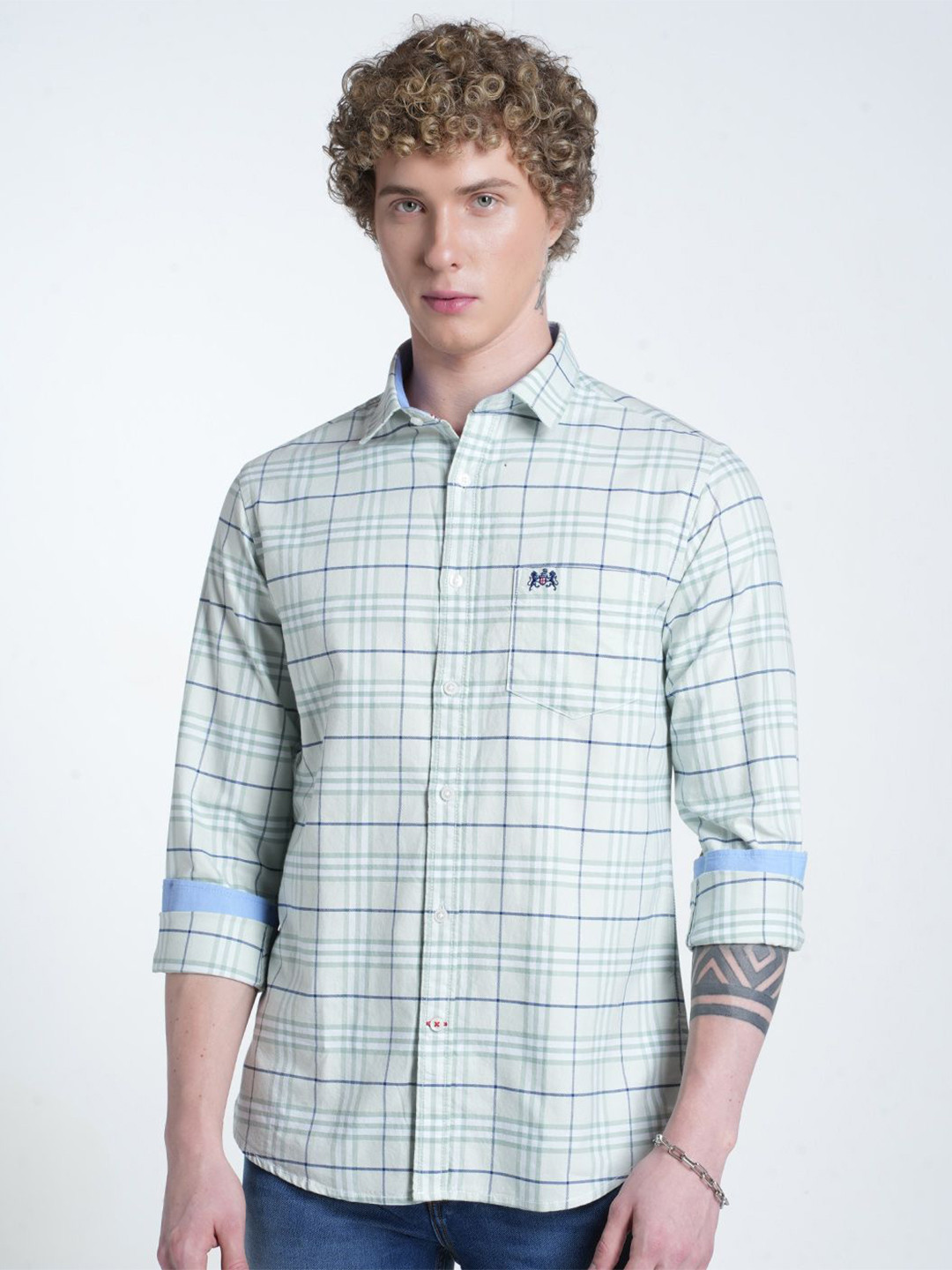 Double Two Men Classic Slim Fit Tartan Checked Spread Collar Cotton Casual Shirt