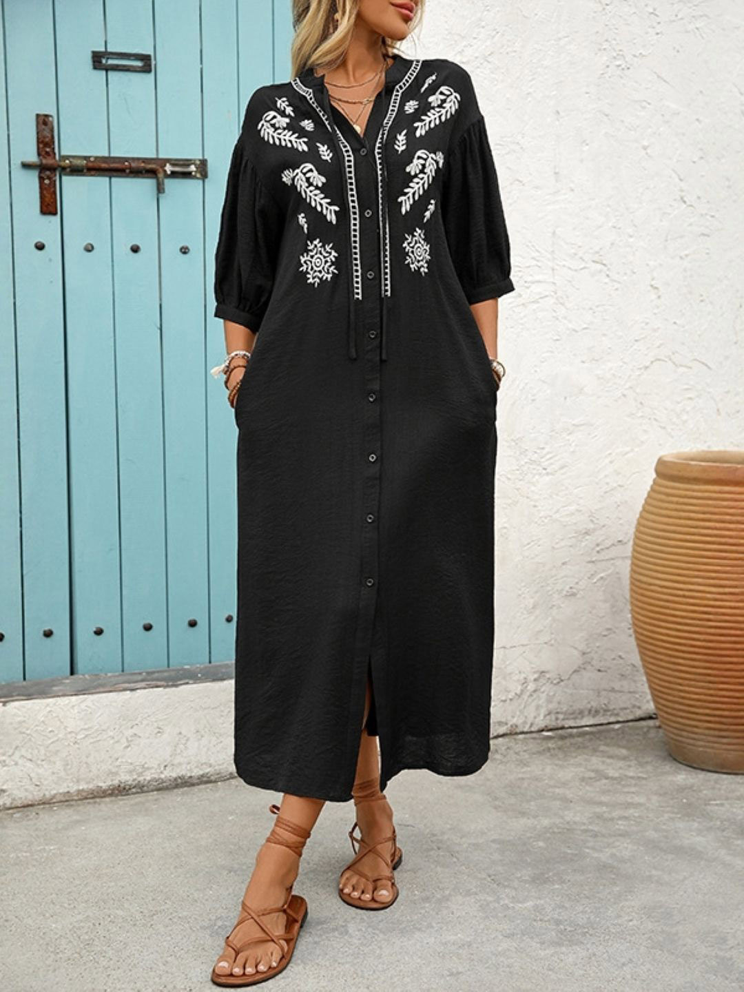 KPOP Emboridered Puff Sleeves Tie-Up Neck Fit & Flare Maxi Dress
