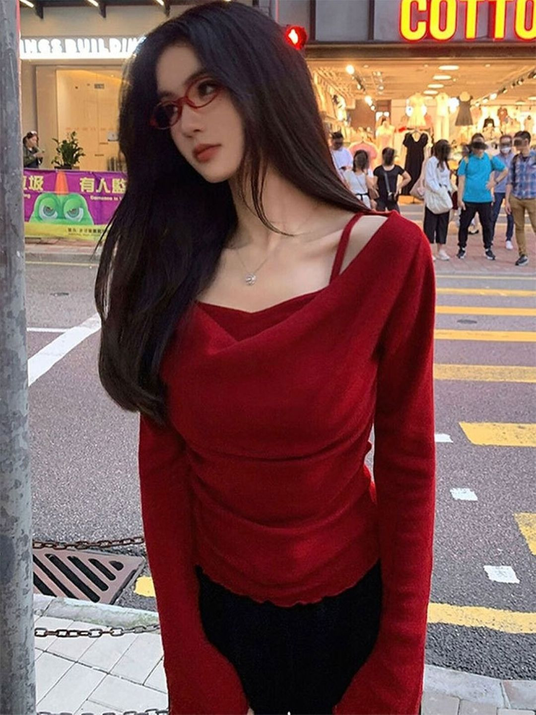 KPOP Women Cowl Neck Long Sleeve Top