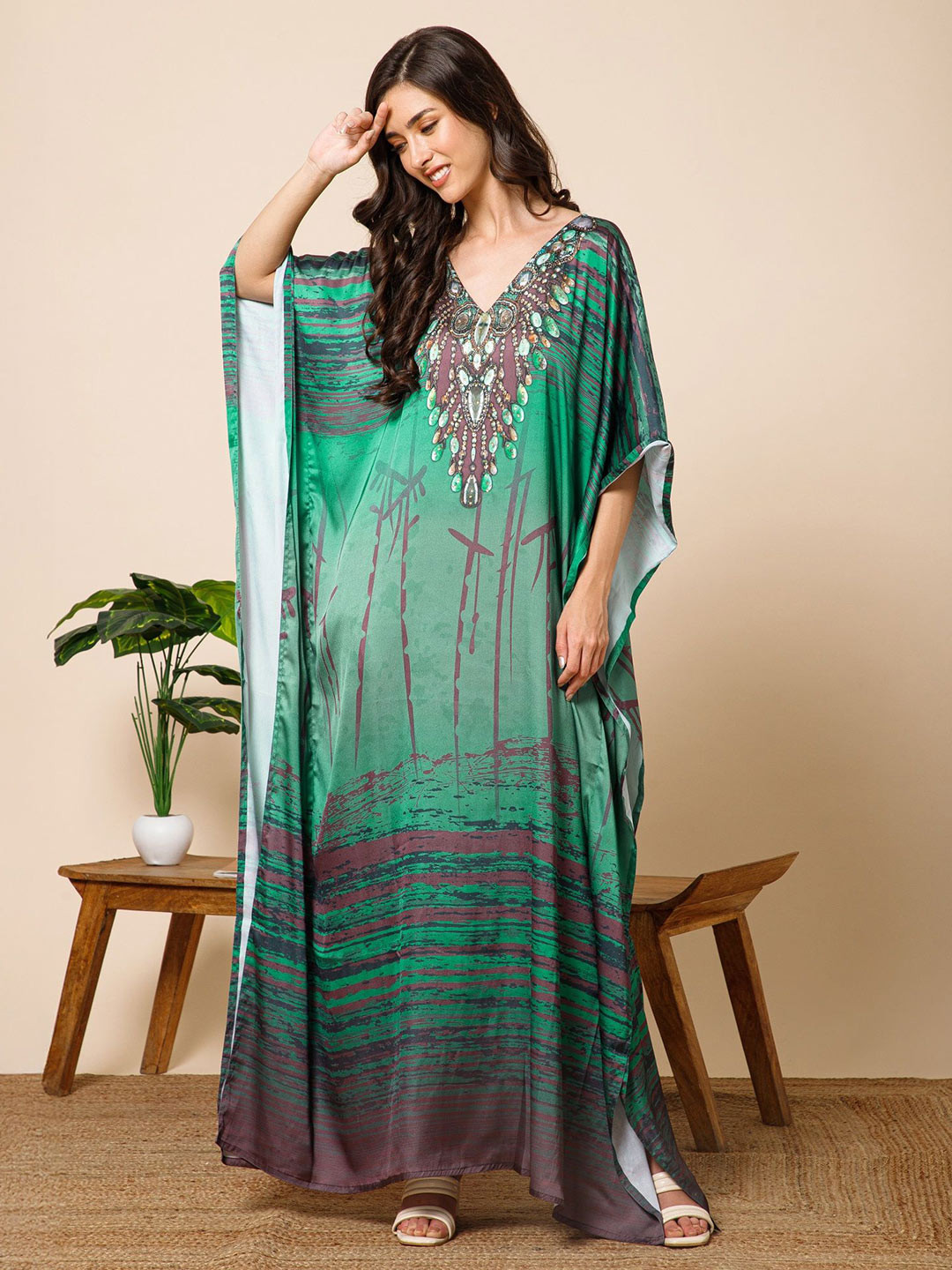 Aditi Wasan Women Bohemian Print Kimono Sleeve Satin Kaftan Maxi Dress