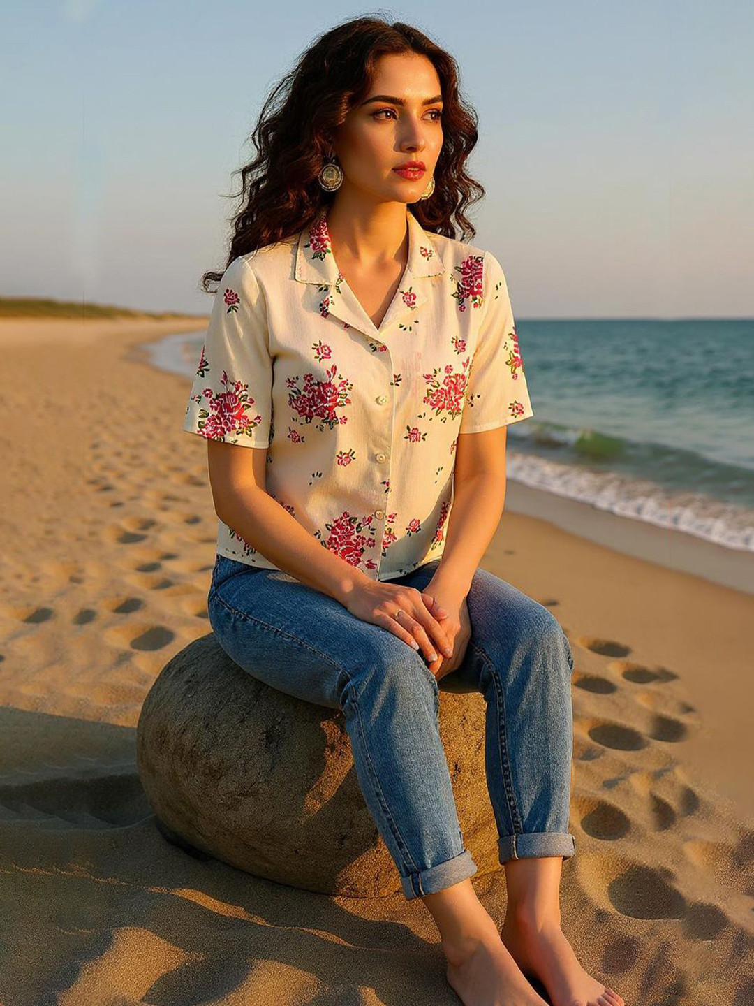 ZUMMER Women Comfort Fit Floral Printed Cuban Collar Pure Cotton Casual Shirt